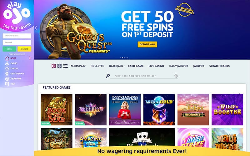 PlayOJO online casino no wagering free spins offer